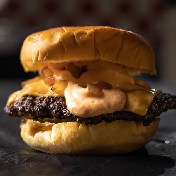 A Bricked Burgers cheeseburger with melted cheese, caramelized onions, and special sauce on a brioche bun.