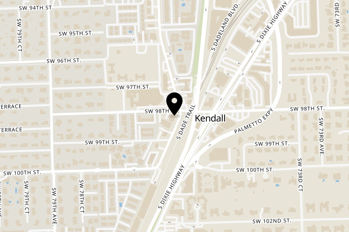 Map showing the location of Bricked Burgers Dadeland on 9800 SW 77th Ave in Miami