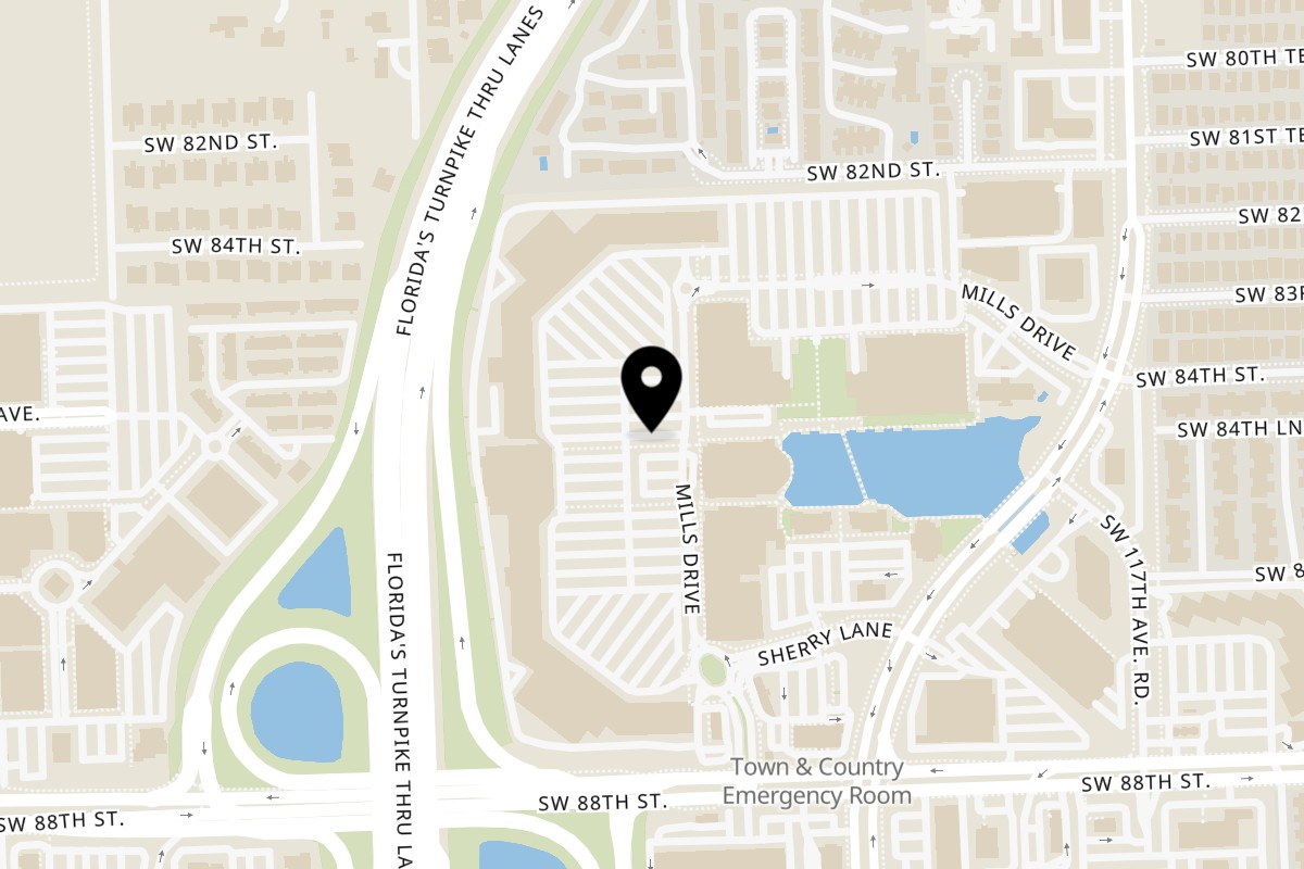 Map showing the location of Bricked Burgers Bricked Burgers on 11800 Mills Dr in Miami